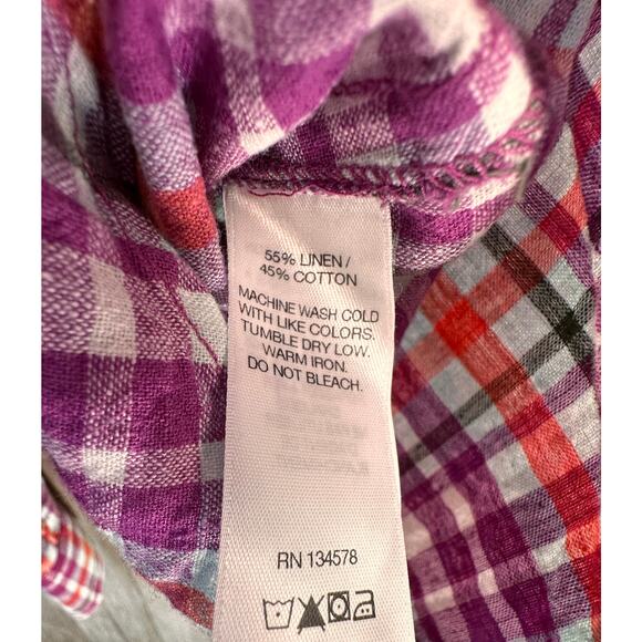 Vineyard Vines Shirt Womens 4 Fuchsia Green Plaid Collar 1/2 Button Linen Blend - Picture 8 of 9